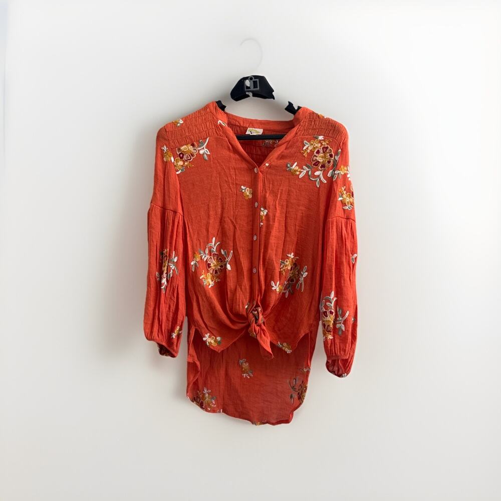Fig And Flower Anthropologie Top‎ Womens Medium Orange Embroidered Sheer Boho